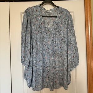 Rose Olive Floral Tunic Top Womens 3X Cream Cottagecore Popover Chiffon Flowy